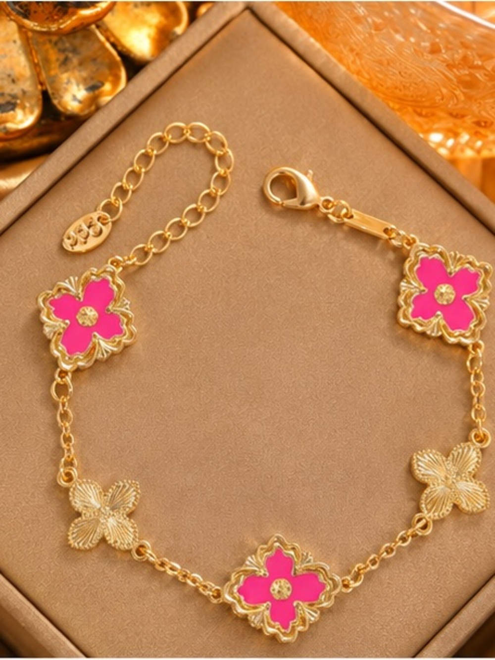 Designer Inspired Gold & Hot Pink Floral Charm Bracelet